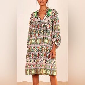 Farm Rio “Amulet” Vibrant Tribal Oversized Long Sleeve Dress - Small